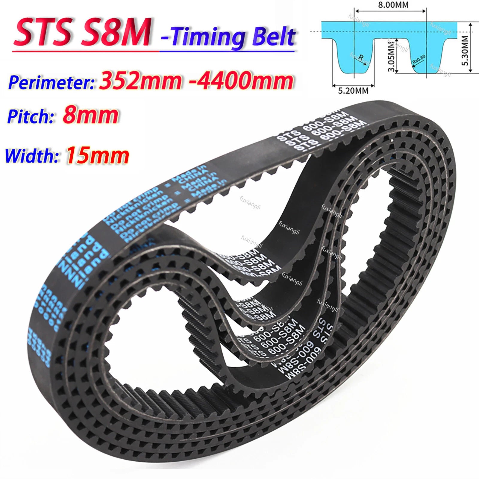 S8M Closed Loop Rubber Timing Belt – 8mm Pitch, 15mm Wide, CNC Synchronous Drive