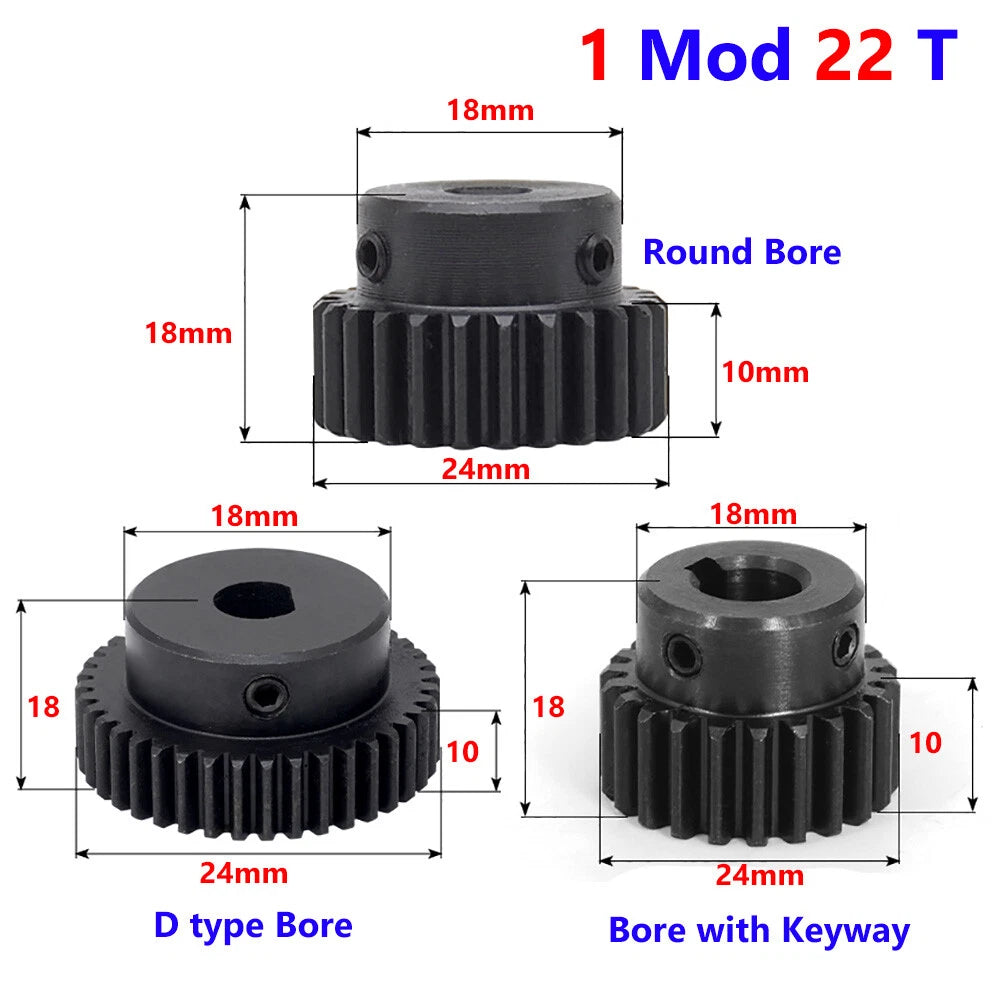 1 Mod 22 Teeth Spur Gear Motor Pinion Gears with Set Screws Black Oxide Steel
