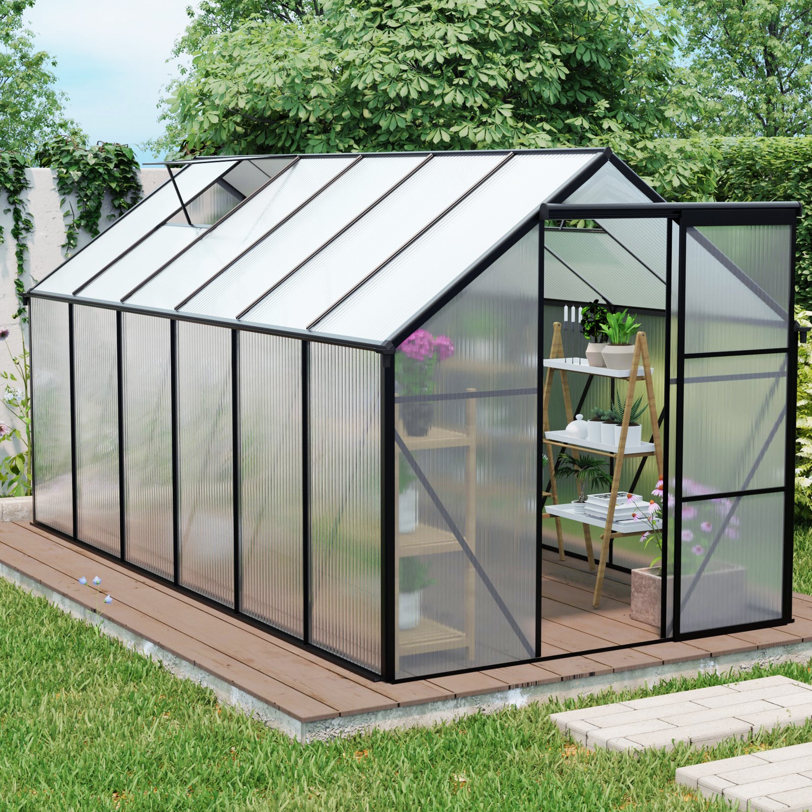 6x12 FT Polycarbonate Greenhouse Raised Base and Anchor Aluminum Heavy Duty Walk-in Greenhouses for Outdoor Backyard in All Season,Black
