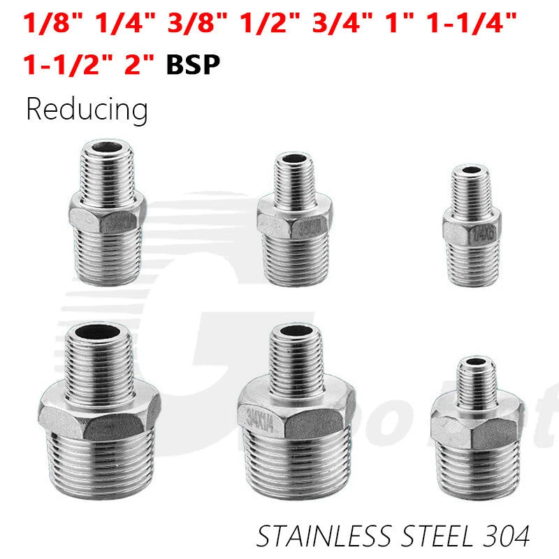 304 Stainless Steel Reducing Hex Nipple BSP Male Thread Pipe Fitting | 1/8" to 2"