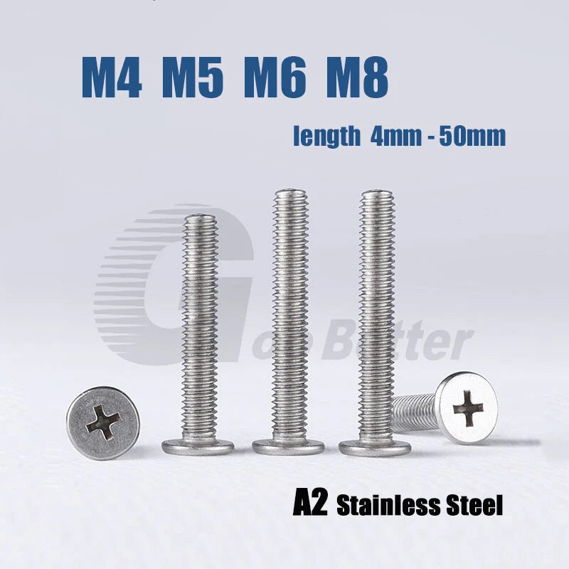 M4 M5 M6 M8 Thin Flat Head Phillips Machine Screws – A2 Stainless Steel, Ultra‑Low Profile (4–50mm Lengths)