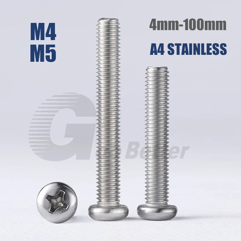 M4 M5 Pan Head Machine Screws — Phillips/Pozidrive, A4 Stainless Steel