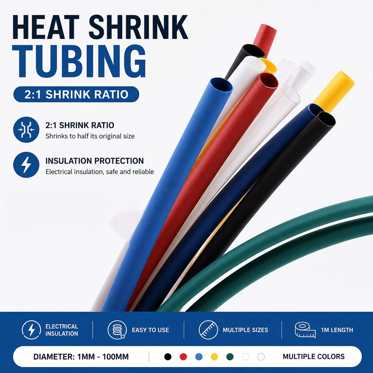 Heat Shrink Tubing 2:1 – 1m Insulated Wire Cable Sleeve, 1–100mm ID, 7 Colors