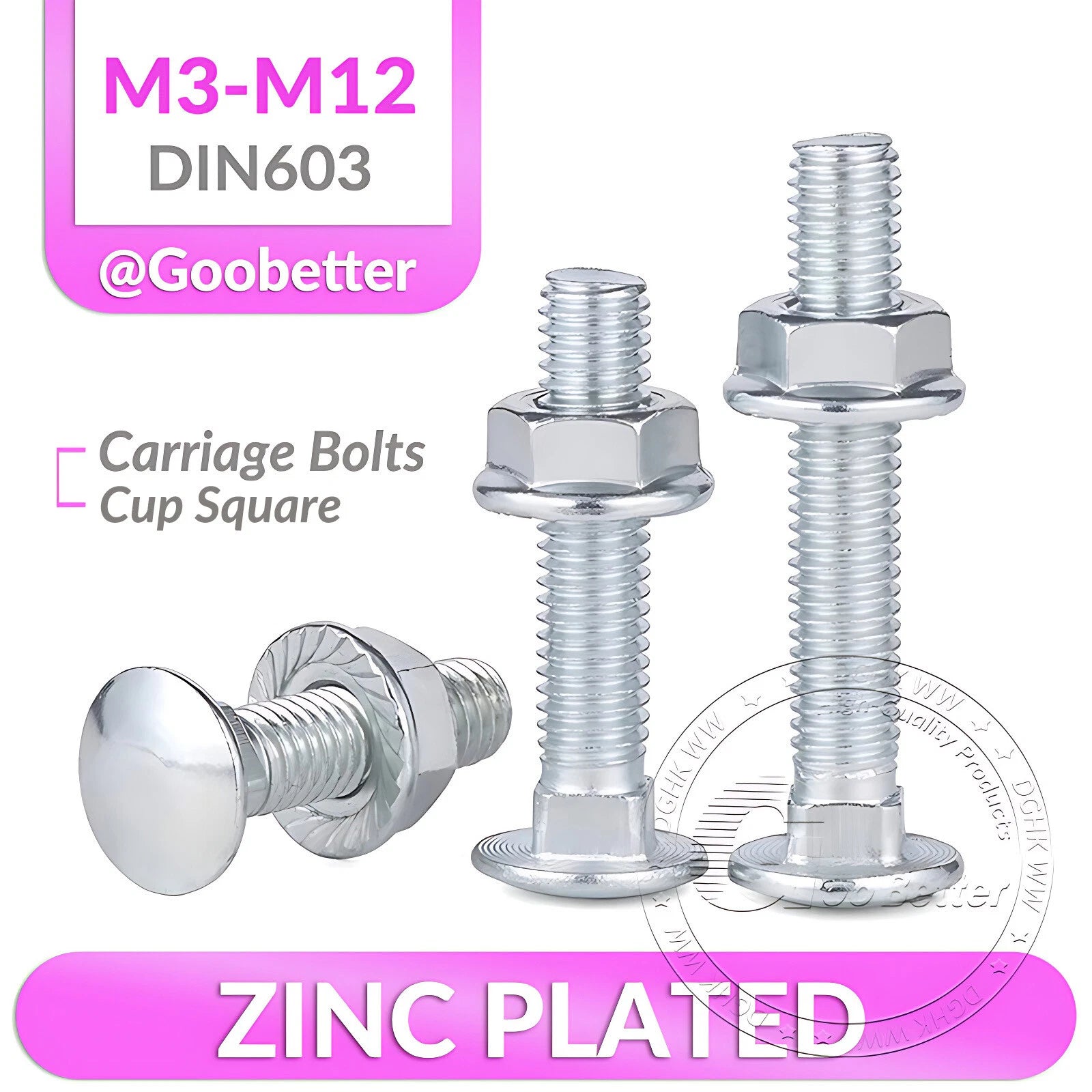 Cup Square Carriage Bolts with Hex Nut — Zinc Plated, M4 to M12