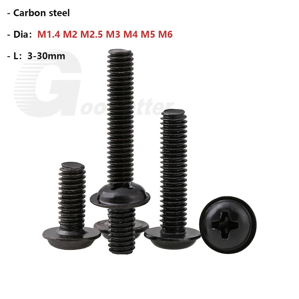 Black Zinc Flange Phillips Pan Head Machine Screws M1.4 M2 M2.5 M3 M4 M5 M6 — Washer-Free Metric Bolts