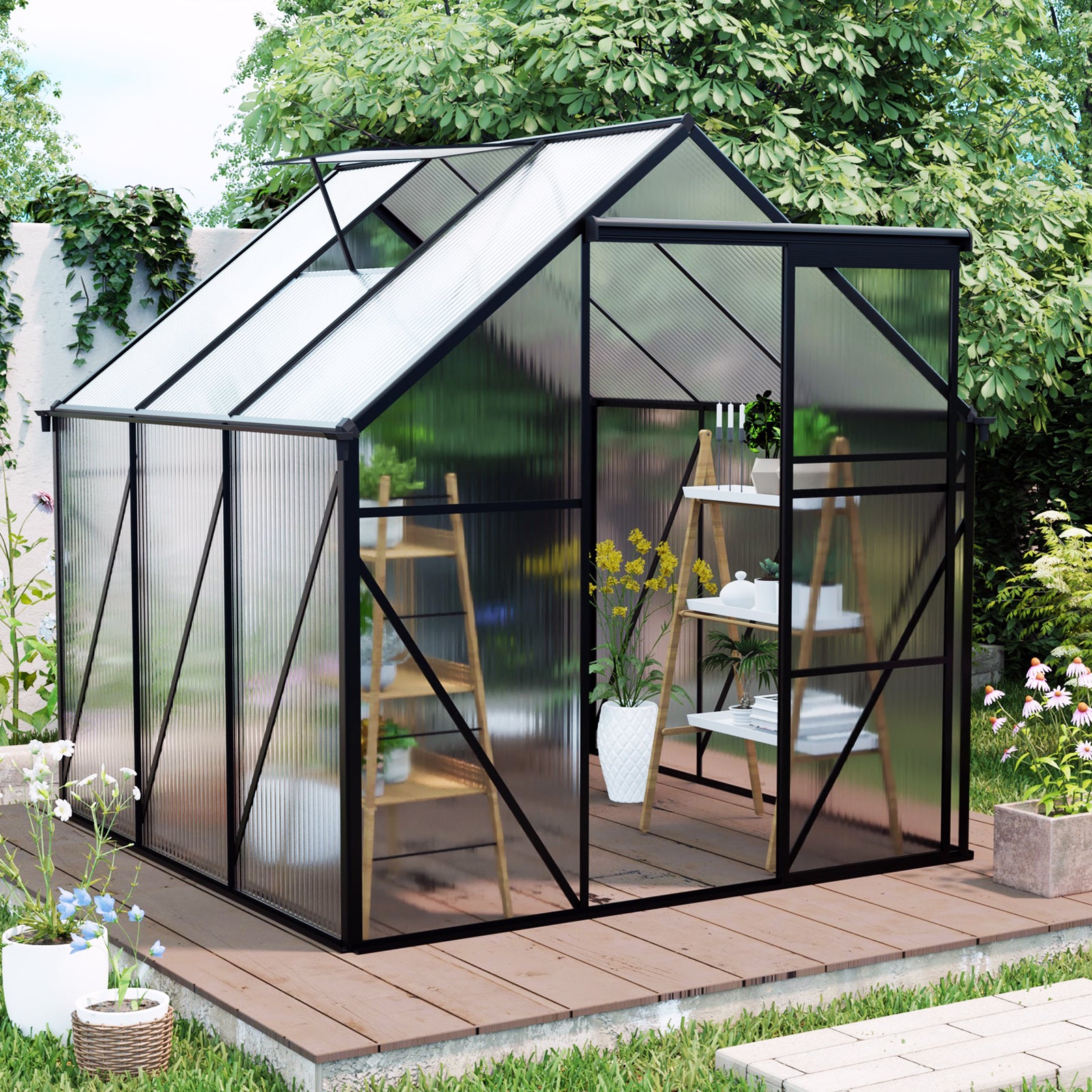 6X6FT-BLACK Polycarbonate Greenhouse Raised Base and Anchor Aluminum Heavy Duty Walk-in Greenhouses for Outdoor Backyard in All Season