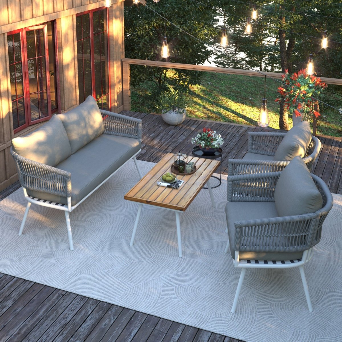 4 - Piece Boho Rope Patio Furniture Set, Outdoor Furniture with Acacia Wood Table, Patio Conversation Set with Deep Seating & Thick Cushion for Backyard Porch Balcony, Grey - HomeDIYer