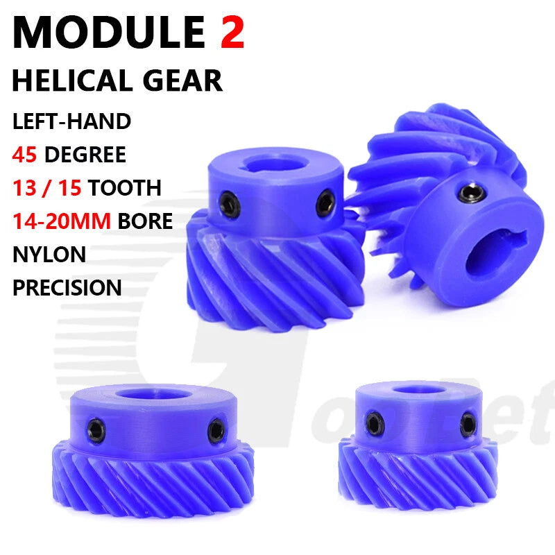Module 2 Helical Gear 45° Left-hand 13-15 Tooth Nylon Pinion 14-20mm Bore Blue