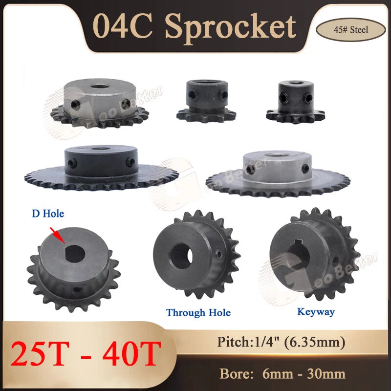 04C Roller Chain Sprocket Pitch 1/4"(6.35mm) Sprocket Wheel 25T-40T Bore 6-30mm