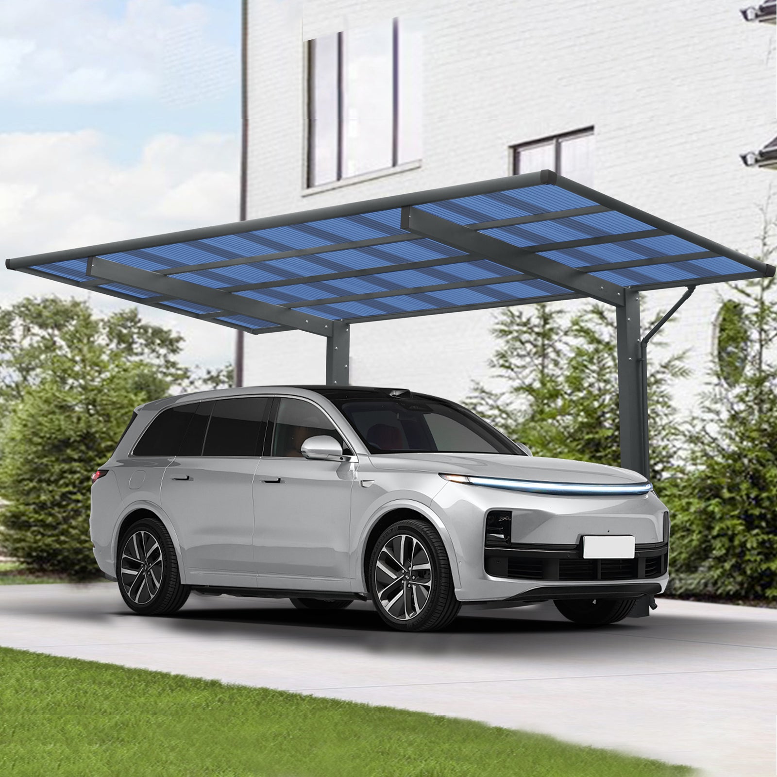 Outdoor Carport, 17.44FT*9FT*11FT Single Carport Aluminum Metal Frame and Polycarbonate Panels Car Port for Outdoor Driveway Car, Truck