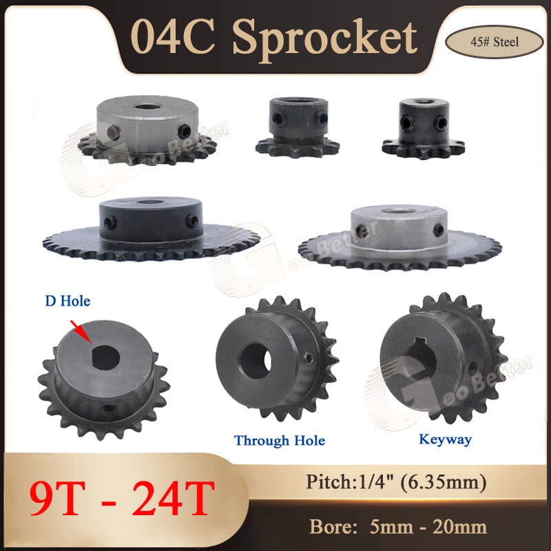 1/4"(6.35mm) Pitch 04C Roller Chain Sprockets 9T-24T Sprocket Wheel Bore 5-20mm