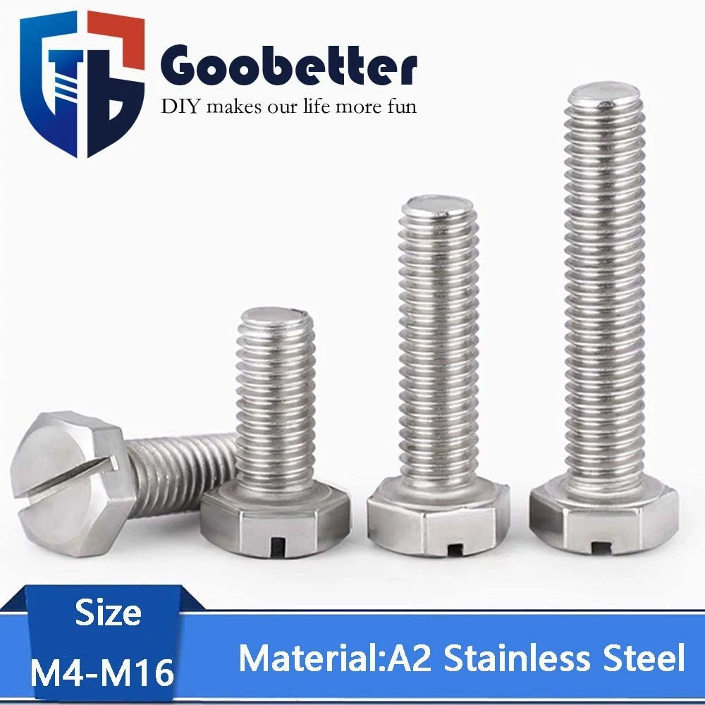 External Hex Slotted Machine Screws – A2 Stainless Steel, M4 to M16, Fully Threaded