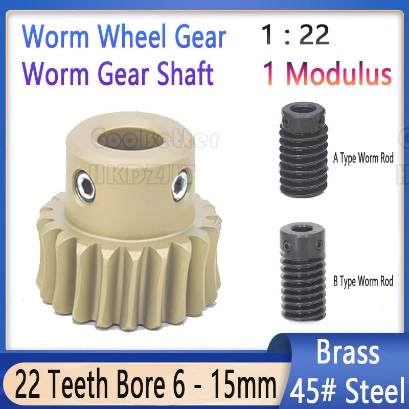 1 Module 1:22 Worm Wheel Gear & Worm Gear Shaft 22 Teeth Worm Wheel Gear Brass