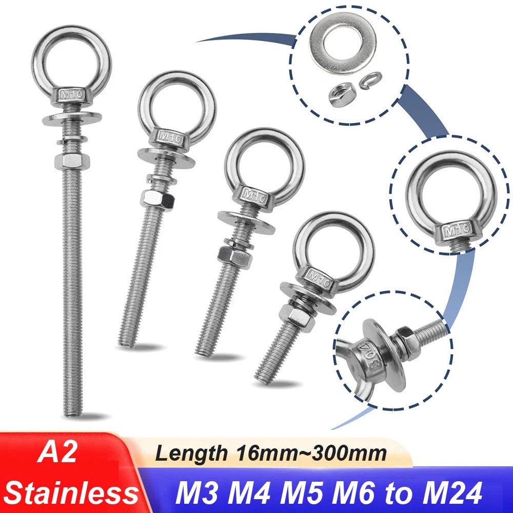 A2 Stainless Steel Lifting Eye Bolts + Nuts & Washers M4 M5 M6 M8 M10 M12 to M24