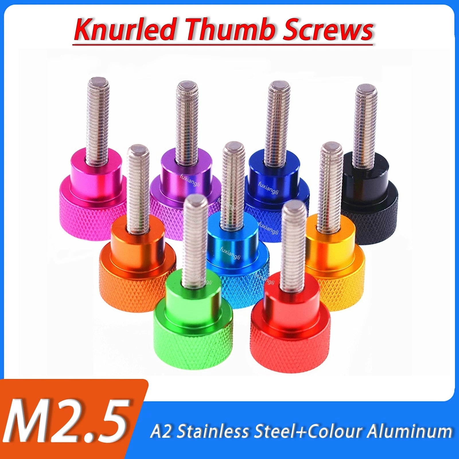 M2.5 Knurled Thumb Screws — Stainless Steel & Anodized Aluminum, Multiple Colors