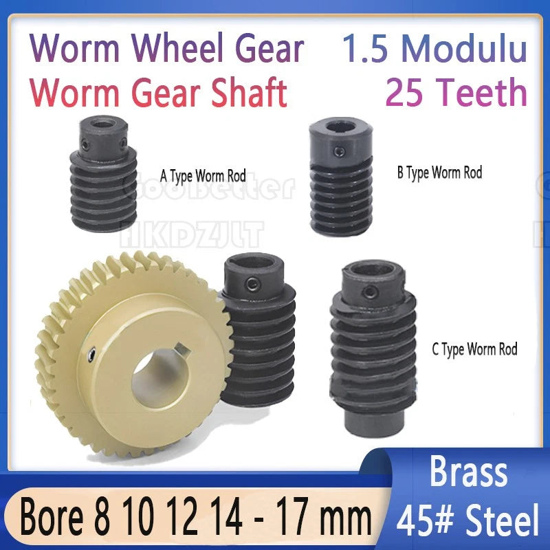 Mod 1.5 Worm Gear Wheel Brass 25 Tooth Worm Shaft 45# Steel Precision Ø 8-17 mm