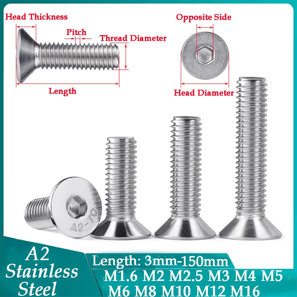 M1.6-M16 A2 Stainless Steel Hex Socket Countersunk Flat Head Screws | 10 PCS