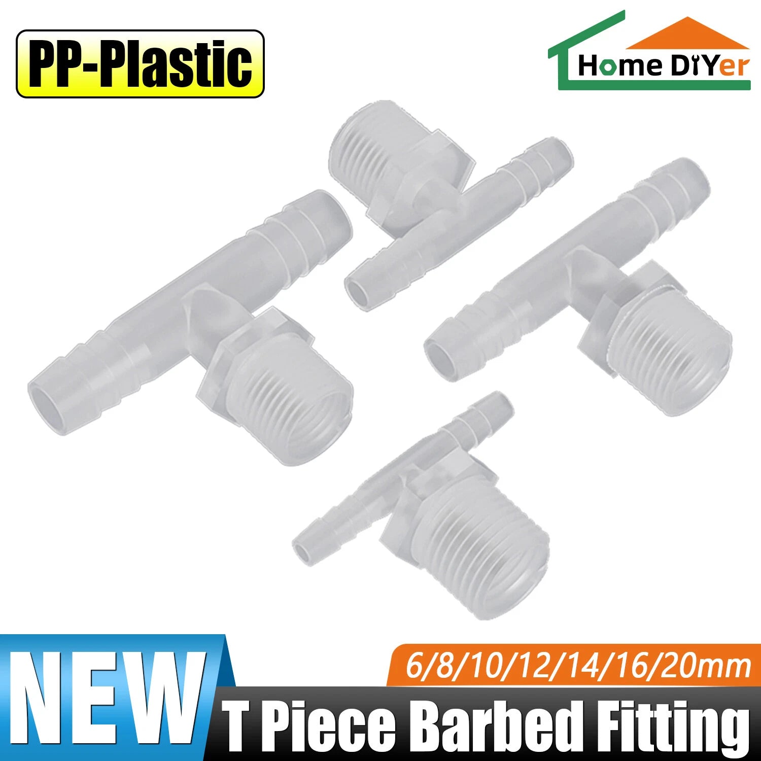 Plastic Barbed T-Piece Hose Connector with Male Thread — 4mm to 20mm Tube