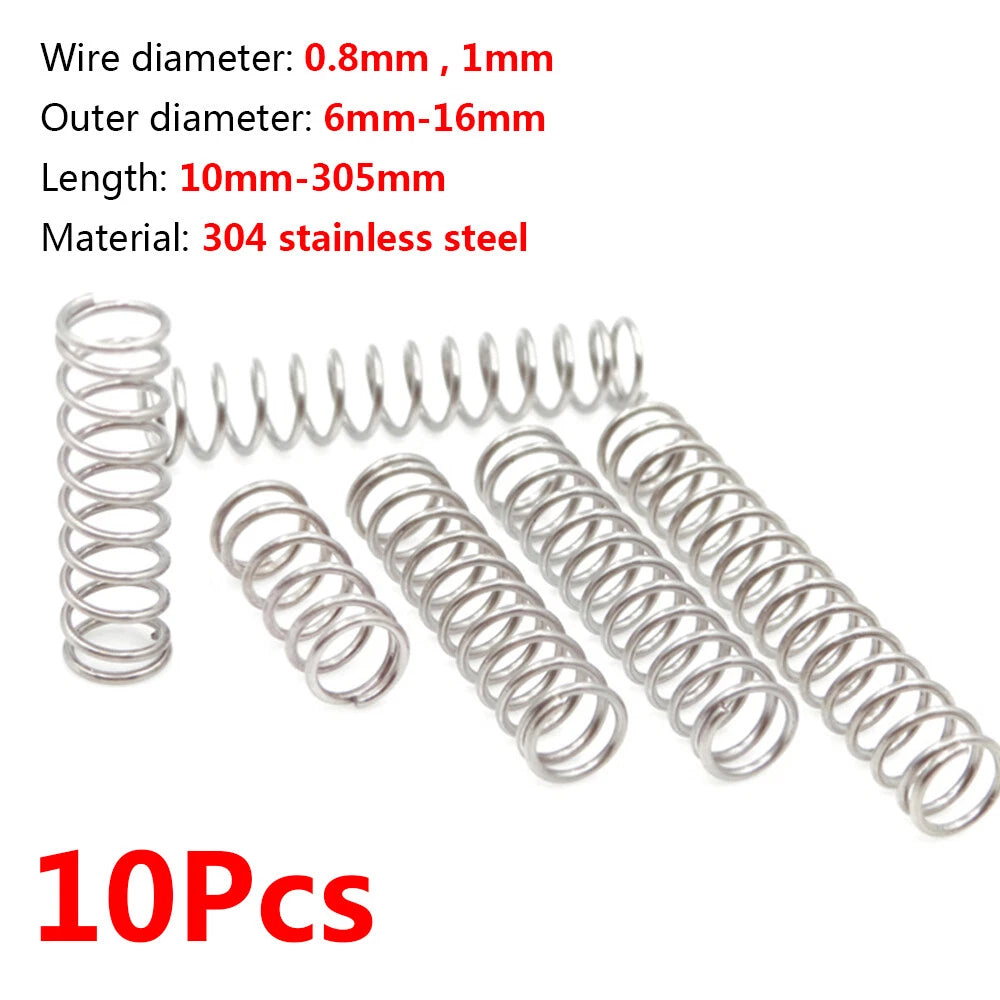 10Pcs 0.8mm-1mm Wire Dia Compression Springs Stainless Steel Length 10mm-305mm