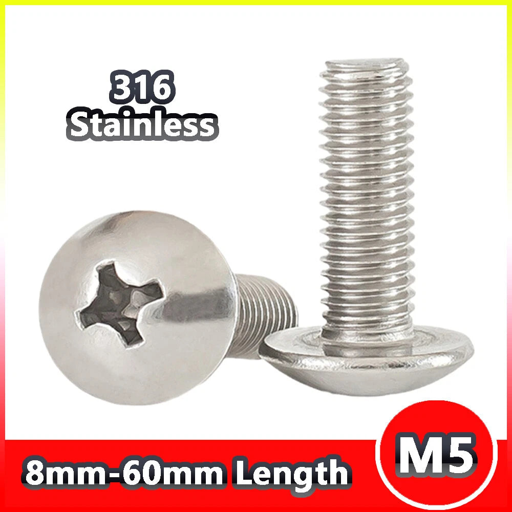 M5 Phillips Button Head Screws – 316 Stainless Steel Marine Grade, 8–60mm Lengths
