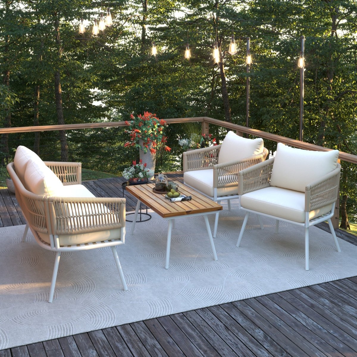 4 - Piece Boho Rope Patio Furniture Set, Outdoor Furniture with Acacia Wood Table, Patio Conversation Set with Deep Seating & Thick Cushion for Backyard Porch Balcony, Beige - HomeDIYer