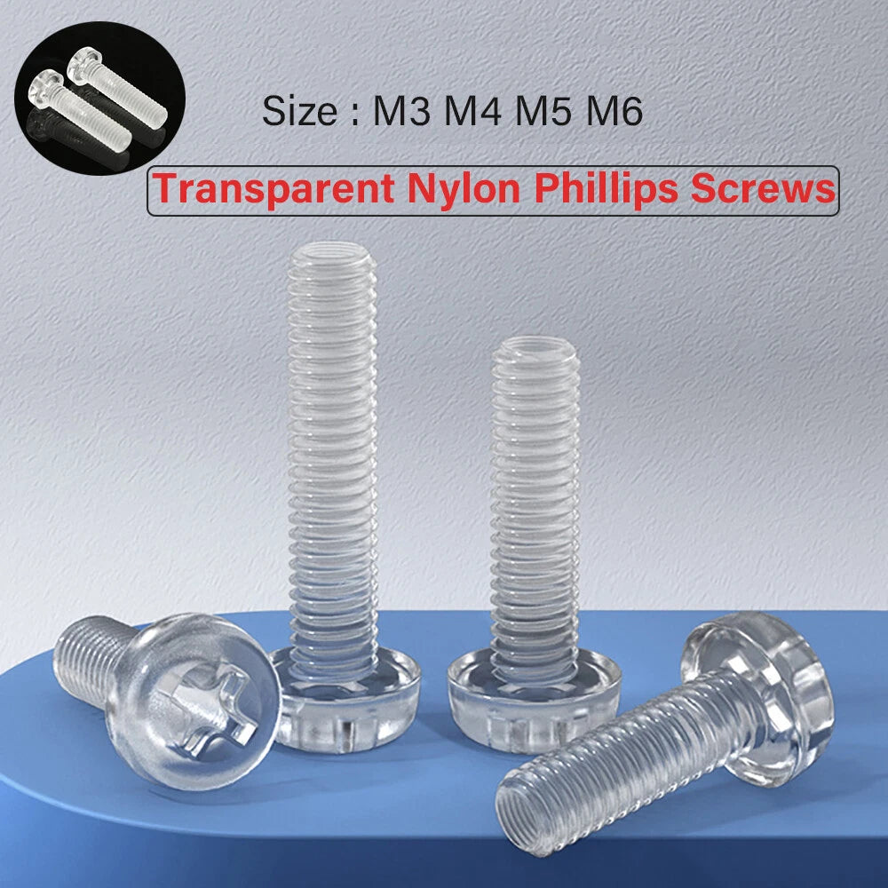 Transparent Nylon Phillips Round Head Machine Screws – M3 M4 M5 M6, PA66 Plastic, Fully Threaded