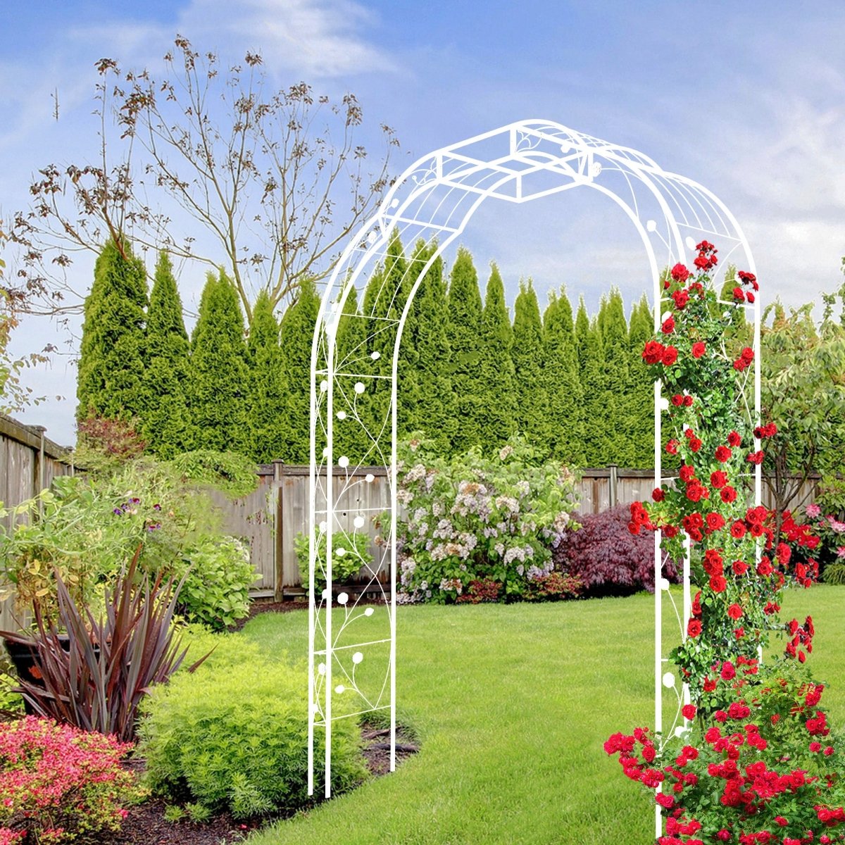 Metal Garden Arch W74.4'' x H98.4'' Garden Arbor Trellis Climbing Plants Support Rose Arch Outdoor Arch Cream White - HomeDIYer