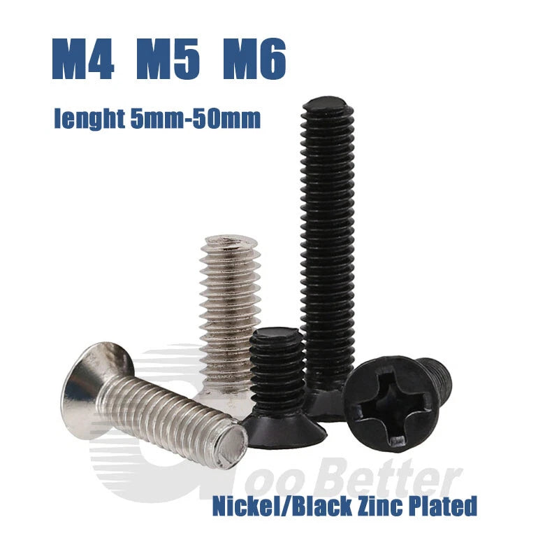 M4 M5 M6 Countersunk Phillips Machine Screws – Nickel or Black Zinc Plated, Carbon Steel (5–50mm)