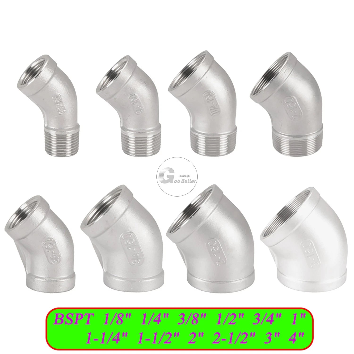 45° BSPT Threaded Elbow Pipe Fittings — A2 Stainless Steel, 1/8" to 4", Female & Female-to-Male