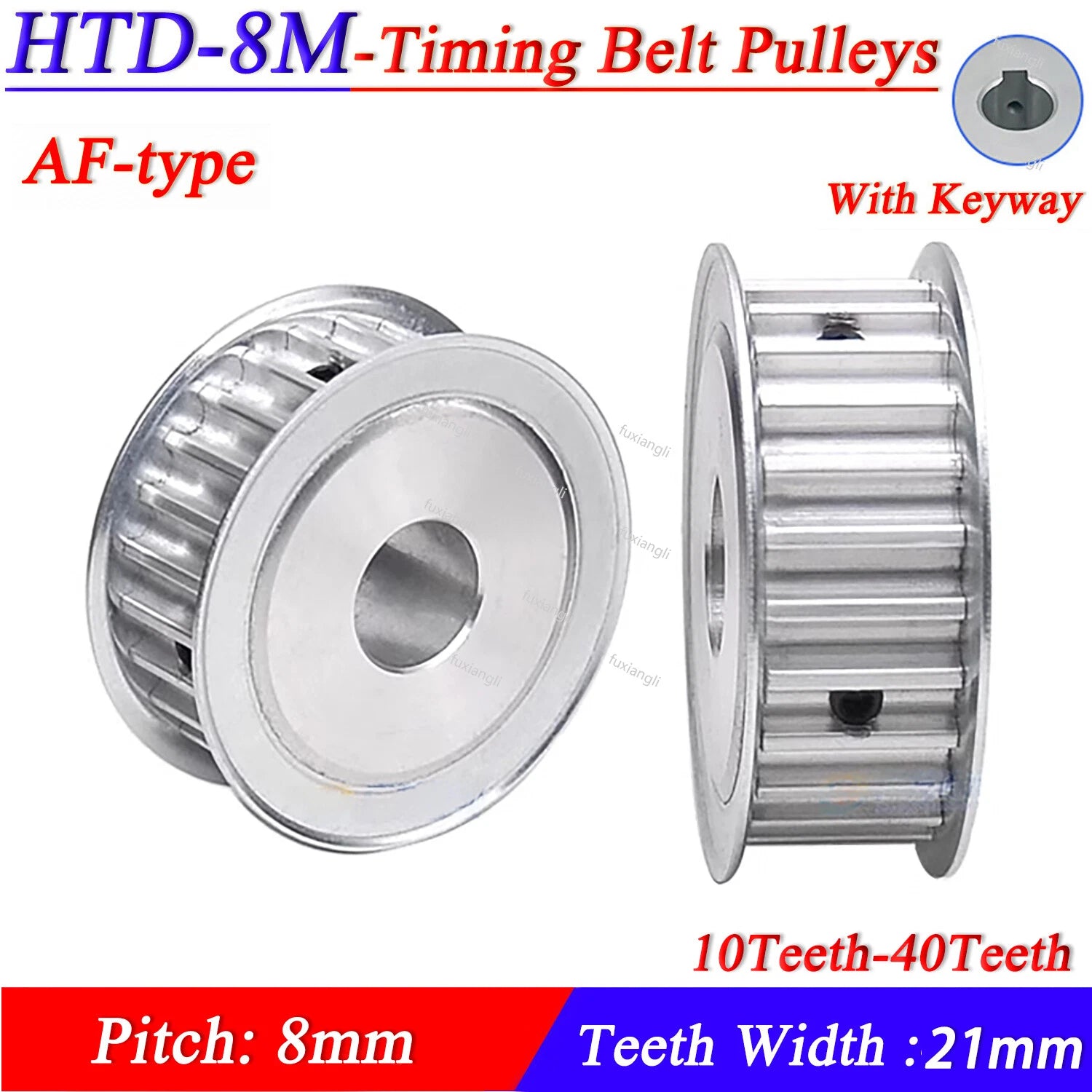 HTD-8M 10-40T Timing Belt Pulley Pitch 8mm AF-type With Keyway Pulley Width 21mm