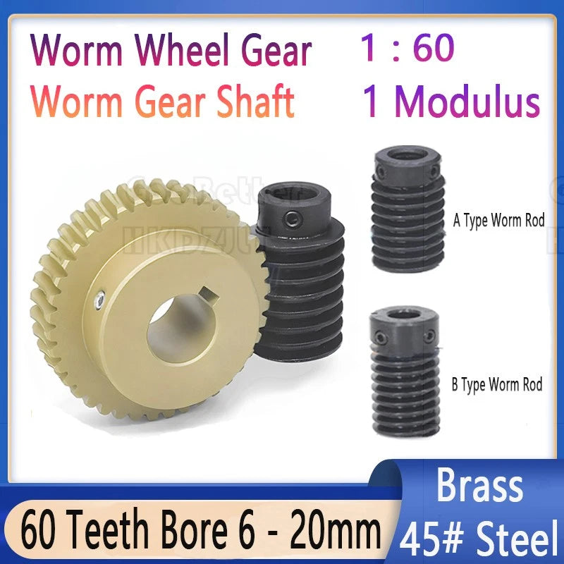 1 Modulus 60 Teeth Brass Worm Wheel Gear 1:60 Transmission Gear,Worm Rod Shaft