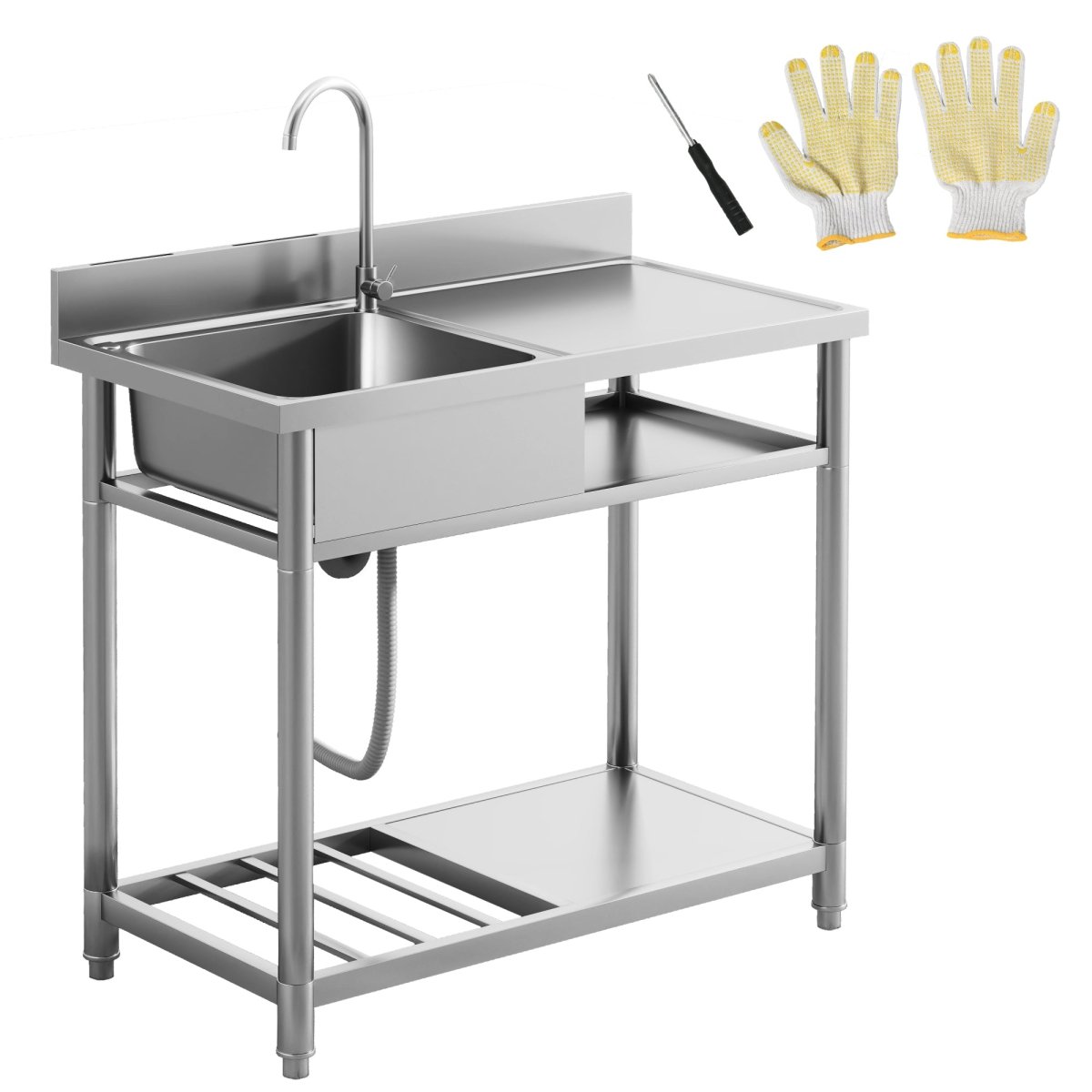 Outdoor Utility Sink, Deep Stainless Steel Sink, Free Standing Single Bowl Kitchen Sink with Cold and Hot Water Pipe and Storage Shelf for Laundry Garage, 39 Inch - HomeDIYer