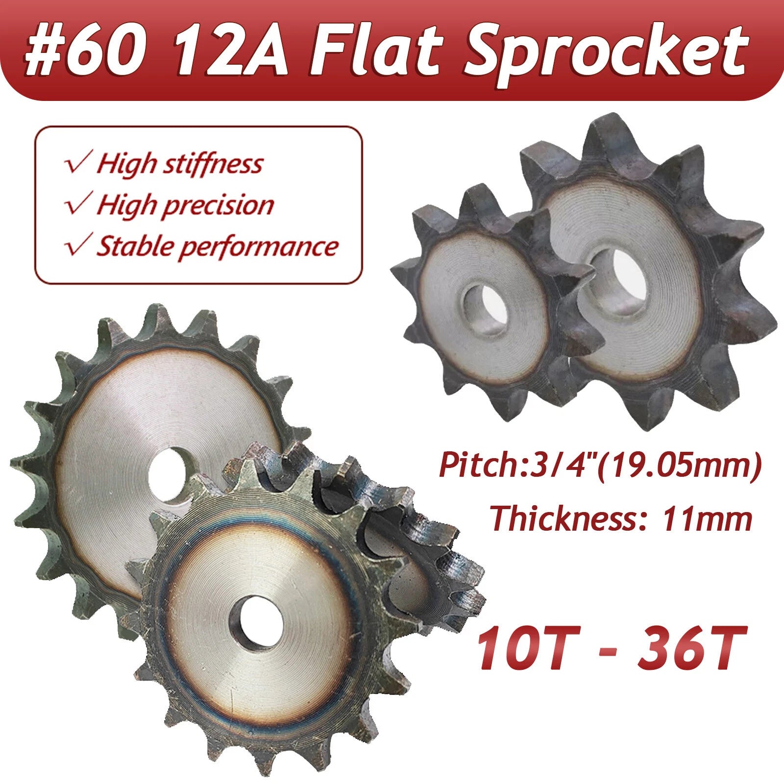 12A Chain Drive Flat Sprocket 10-36 Tooth Roller Chain Chain Links Pitch 19.05mm