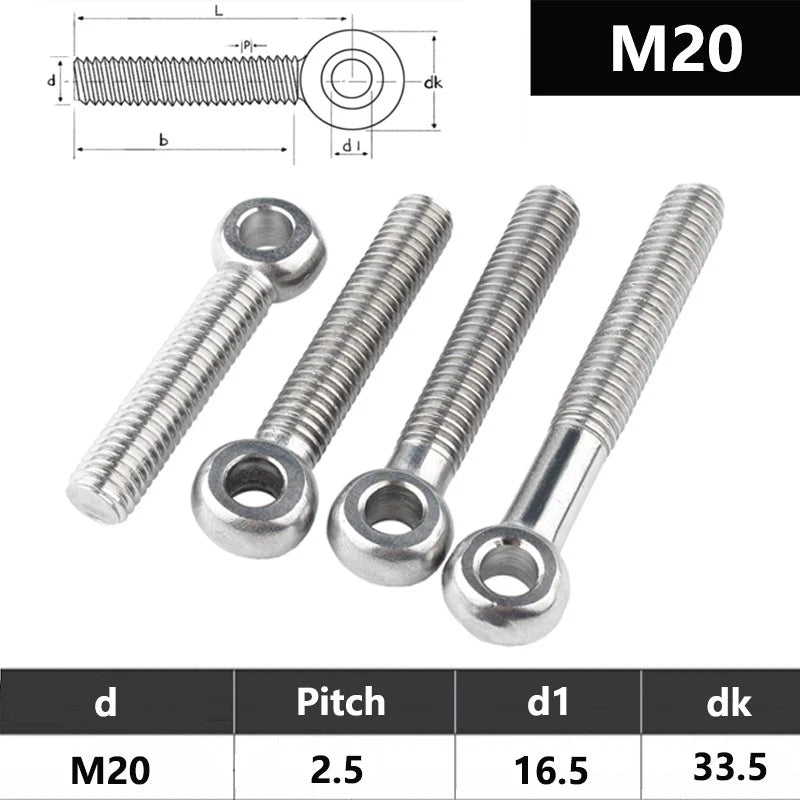 M20 Eye Bolt 304 Stainless Steel Threaded Ring Lifting Screw — 70mm to 200mm - HomeDIYer