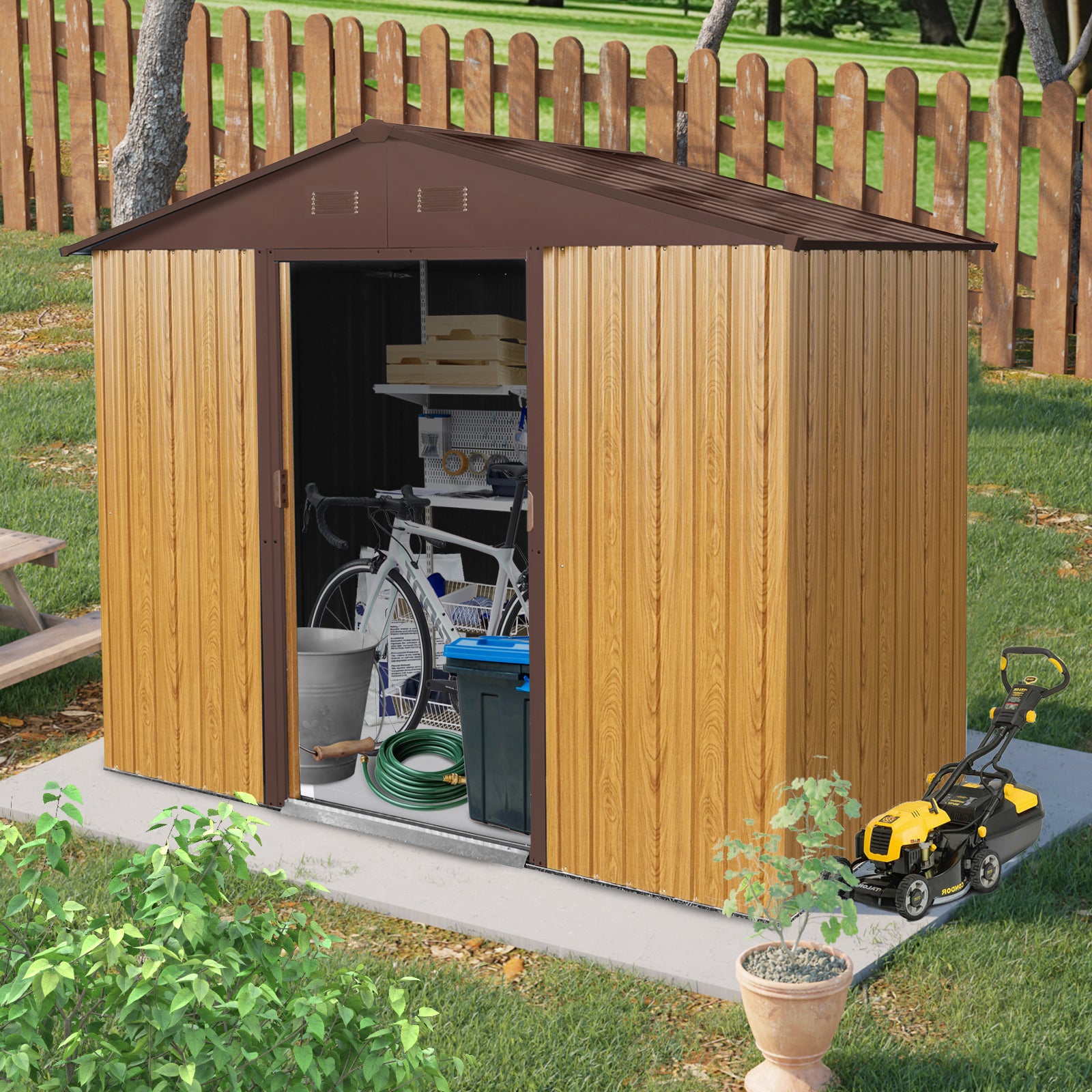 8ft x 4ft Outdoor Metal Storage Shed with Sliding Door and foundation for Backyard, Patio, Lawn (Coffee)