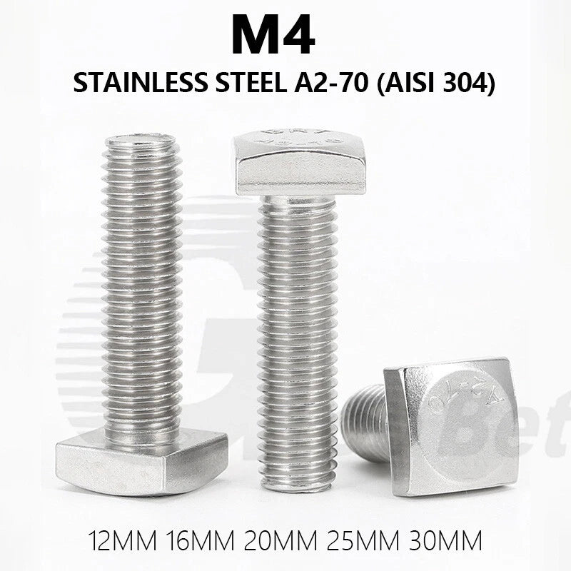 M4 T - Bolts for T - Slot Aluminum Extrusion — Square Head Stainless Steel 304 (A2), M4×12mm to M4×30mm - HomeDIYer