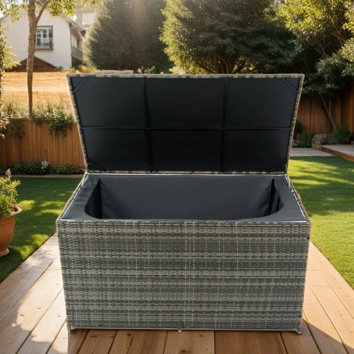 200 Gallon Wicker Deck Box - Waterproof Outdoor Storage with Convertible Tabletop - HomeDIYer