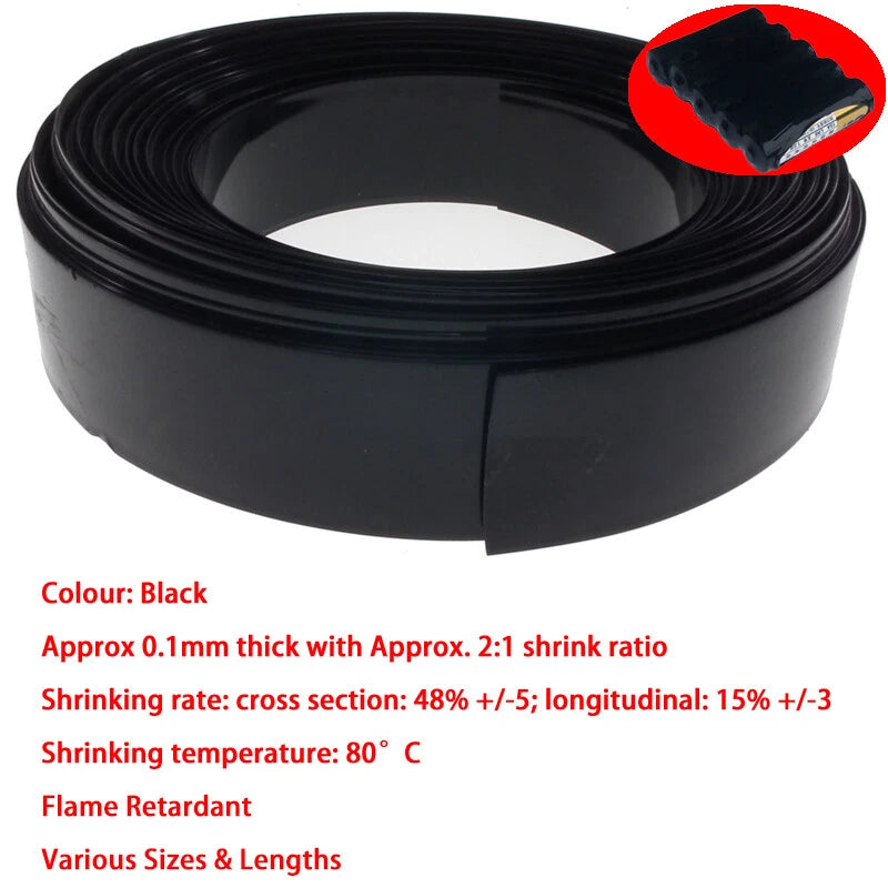 Black PVC Heat Shrink Tubing for RC Battery Packs — Multiple Sizes & Lengths