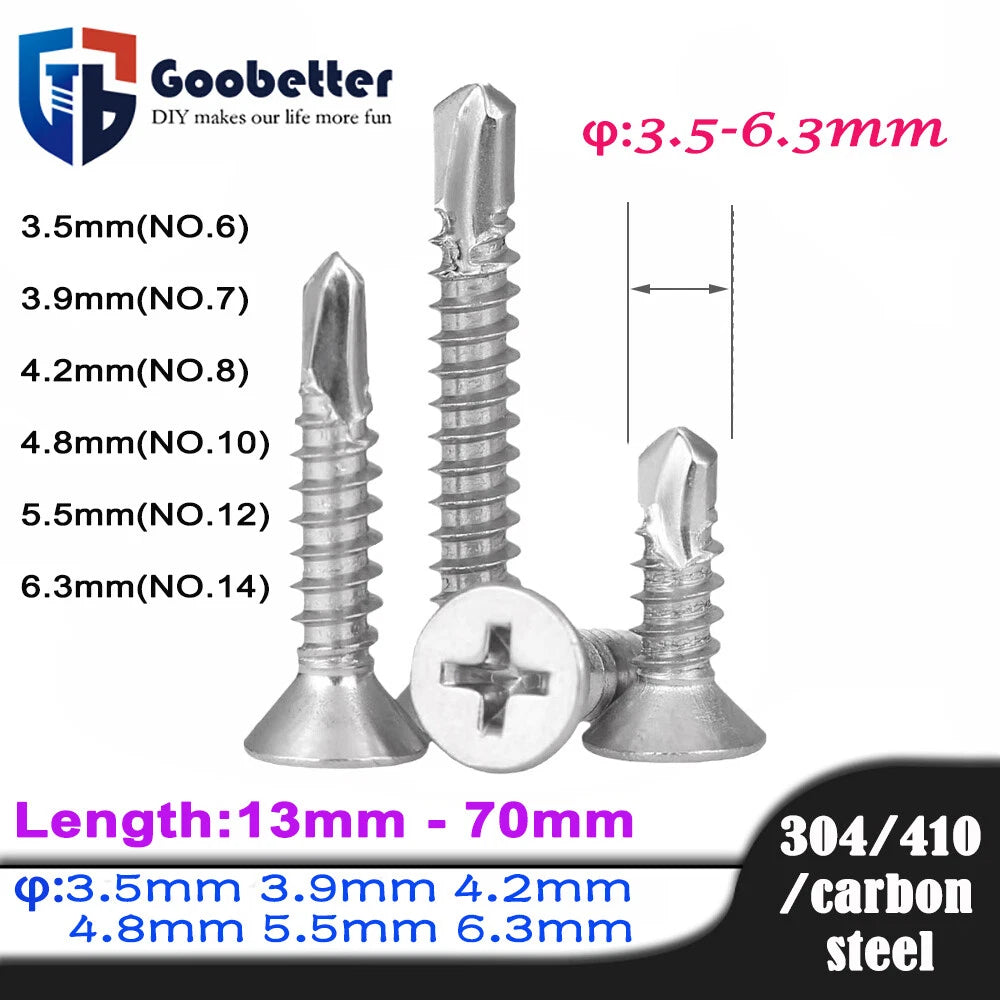 #6 #7 #8 #10 #12 #14 Flat Head Self Drilling Screws – 304/410 Stainless & Zinc Plated Steel