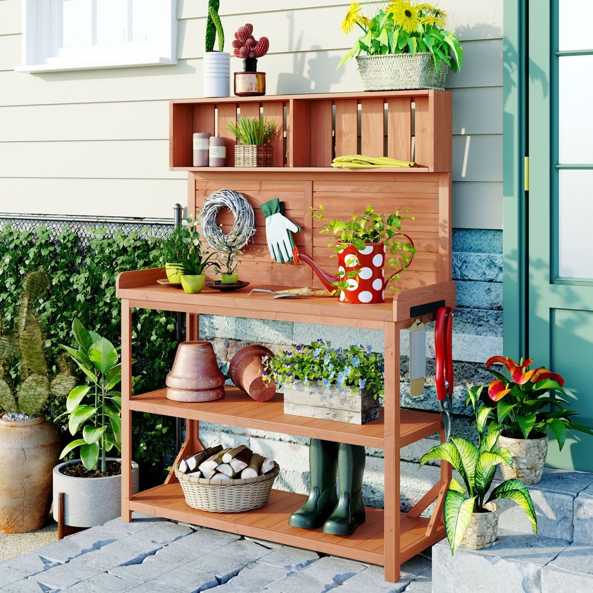 65" Large Wooden Farmhouse Rustic Outdoor Potting Bench Table, Patio Workstation, Garden Potting Bench with 4 Storage Shelves and Side Hook,Natural - HomeDIYer