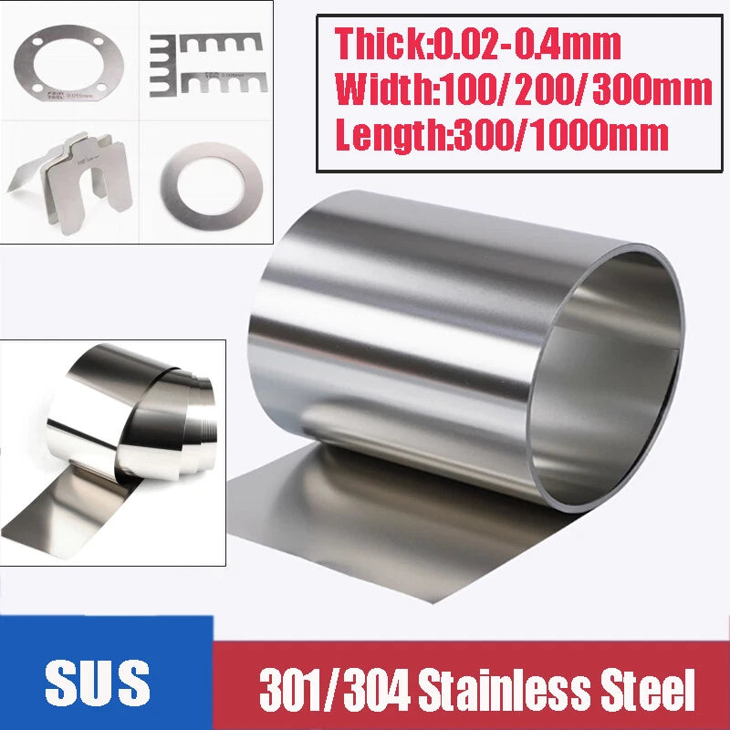 304/301 Stainless Steel Shim Sheet – Bright Polish, 0.02–0.45mm Thick, Cut-to-Size