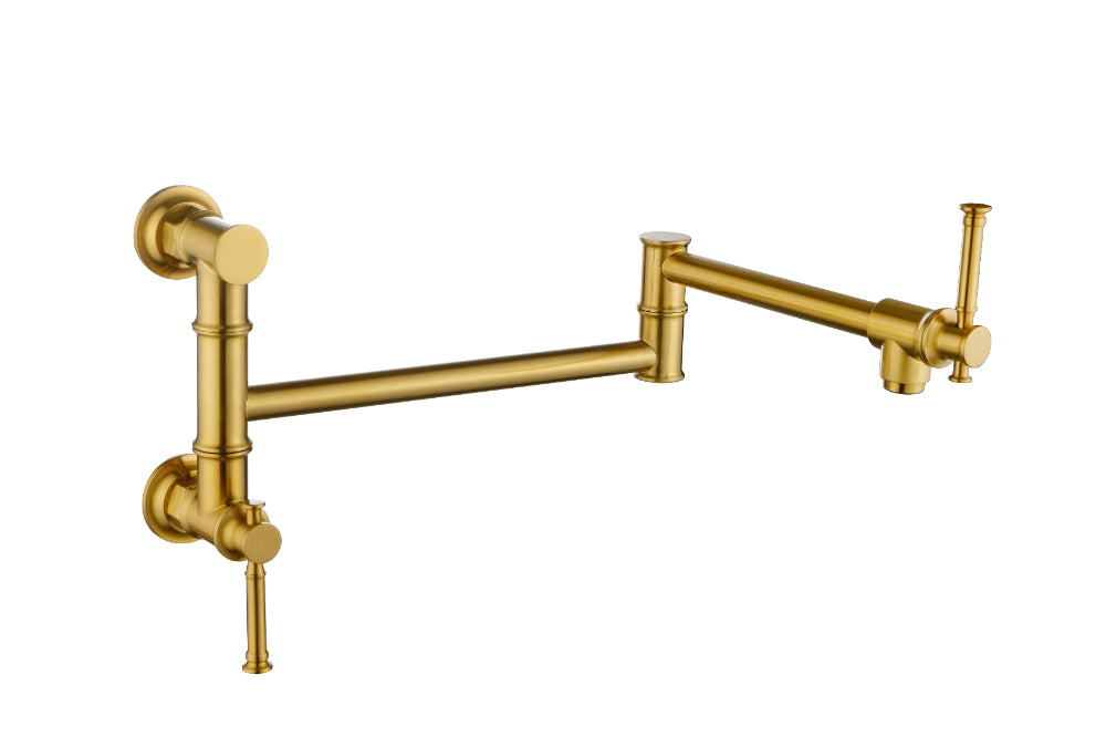 Wall Mounted Pot Filler Faucet – Brushed Gold, Two-Attachment Folding Swing Arm, Dual Handle, Solid Brass