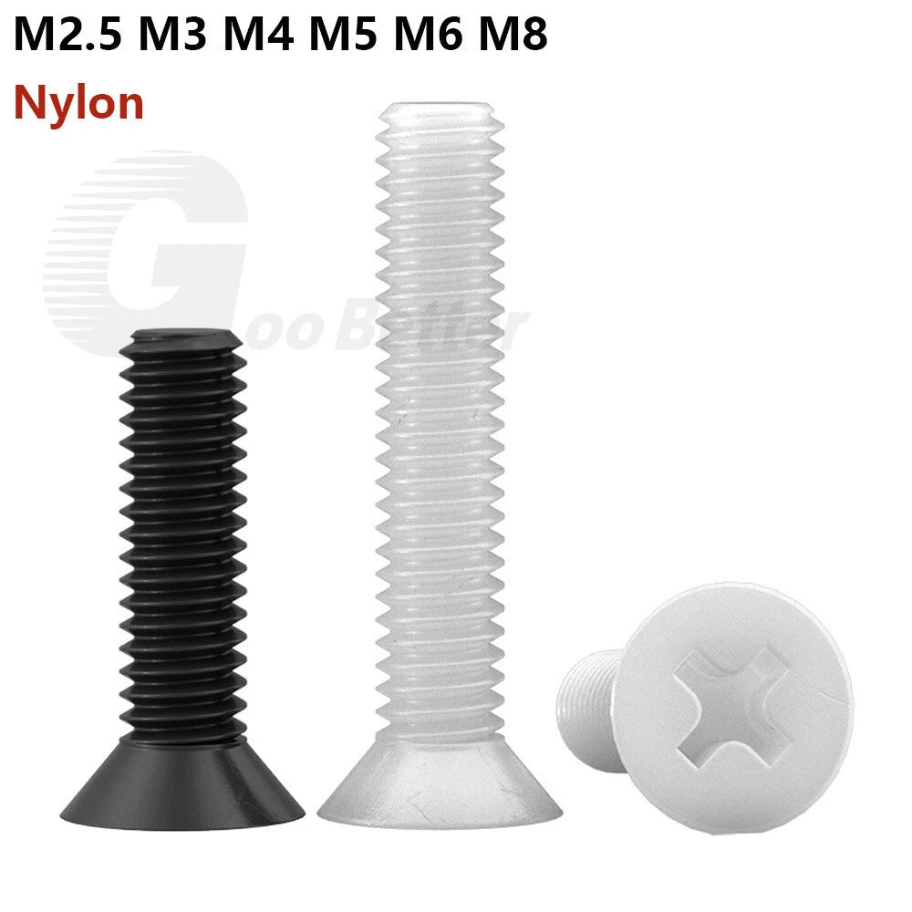 Nylon Phillips Countersunk Machine Screws – M2.5 M3 M4 M5 M6 M8, White or Black (5–40mm)
