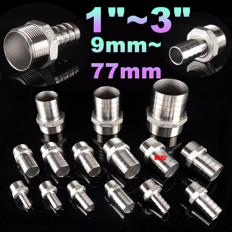 BSP Male Thread Barb Hose Tail Connector 304 Stainless Steel — 1" to 3"