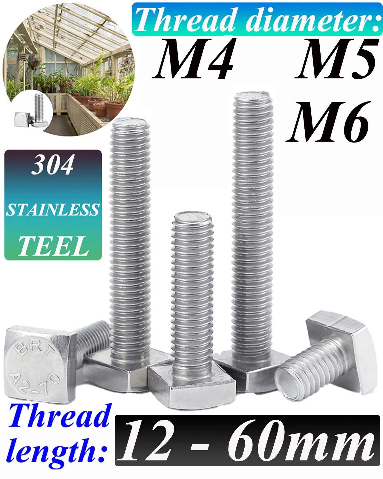 M4 M5 M6 Square Head Bolts Full Threaded – A2 304 Stainless Steel
