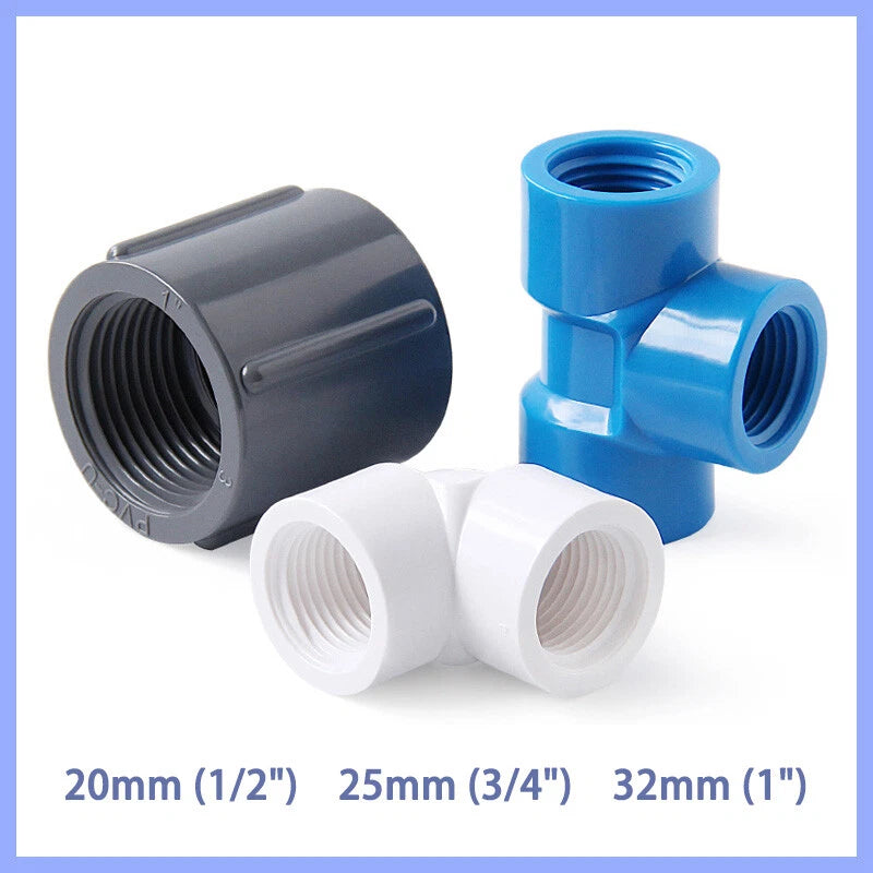 PVC Female Threaded Pipe Fittings Equal Socket Straight Tee Elbow 1 2" 3 4" 1"