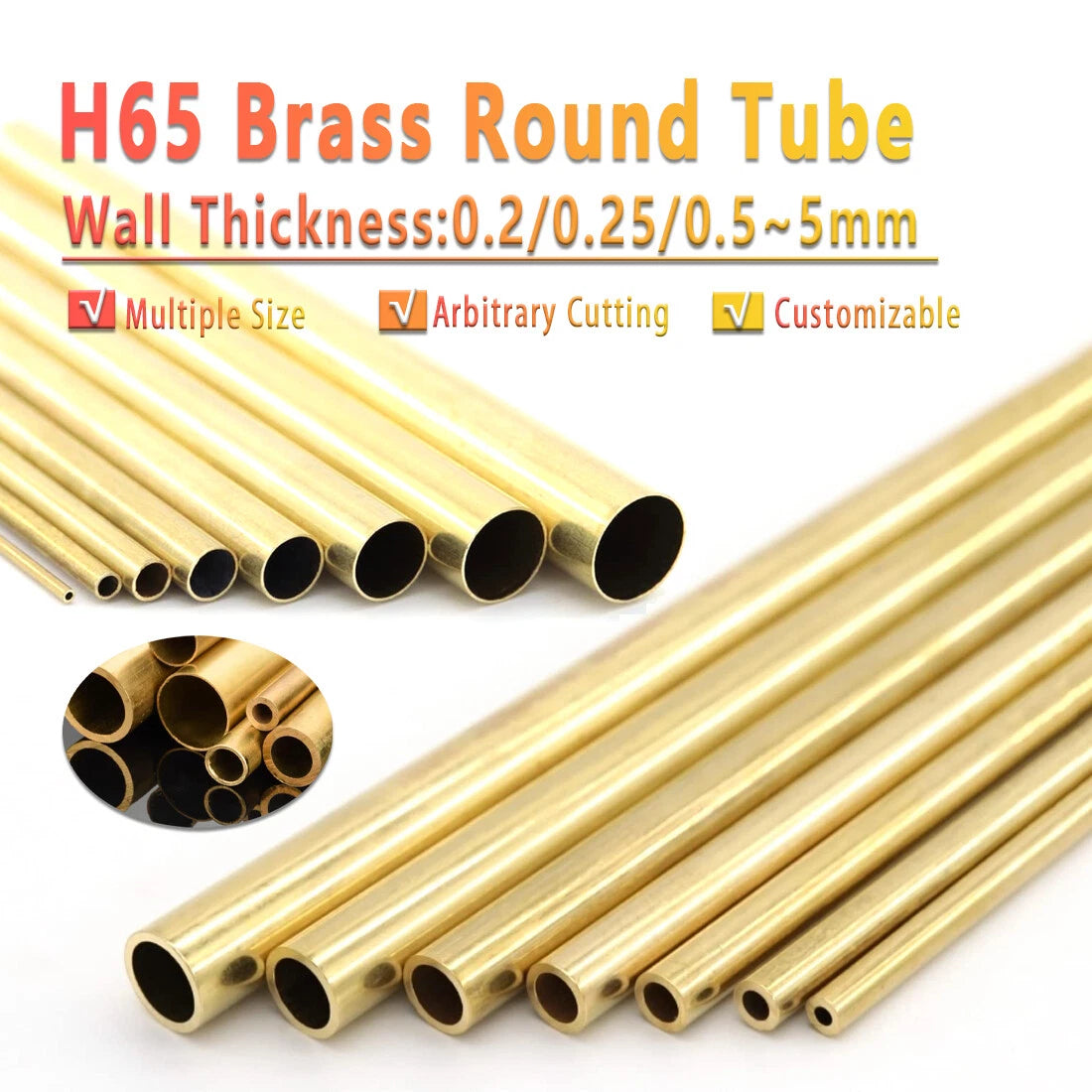 H65 Brass Round Tube — OD 0.5–40mm, Length 300mm (≈11.8"), DIY & Model Making