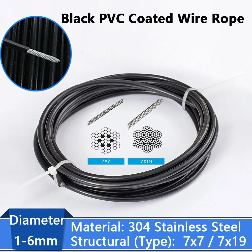 304 Stainless Steel Wire Rope Metal Cable Rigging Black PVC Plastic Coated 1-6mm