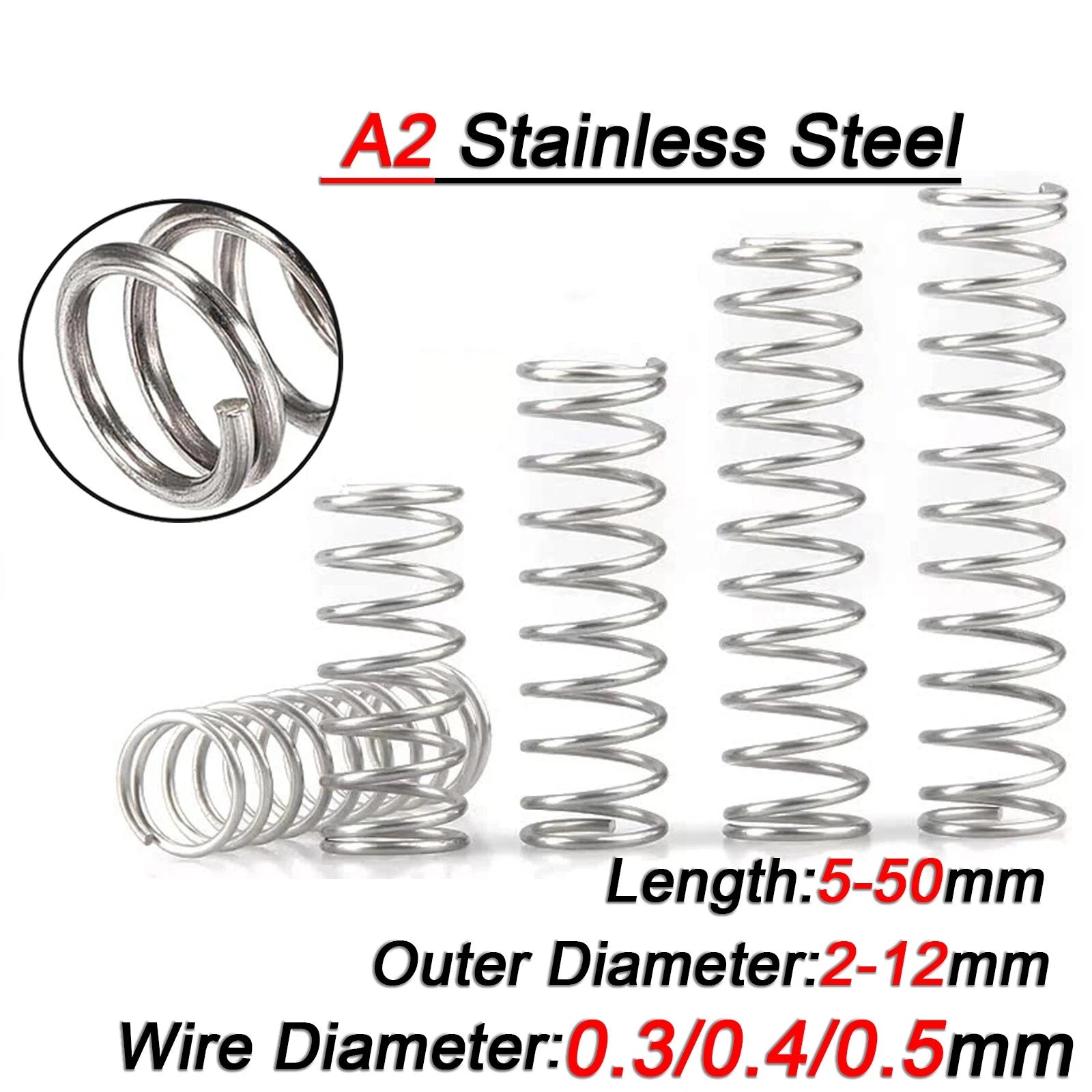 10pcs A2(304) Stainless Steel Compression Pressure Small Springs 0.3/0.4/0.5mm