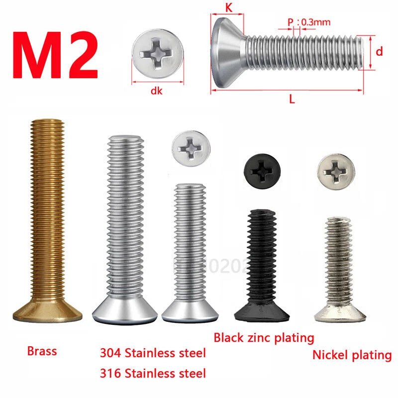 M2 Phillips Countersunk Machine Screws — Stainless, Nickel, Brass & Black Zinc - HomeDIYer